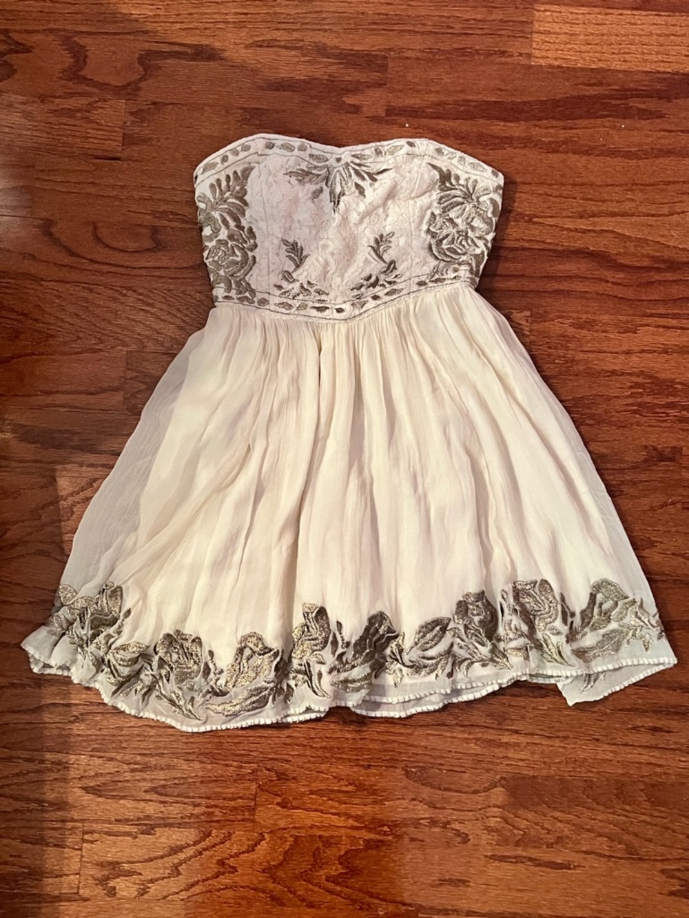 Kimchi Blue Ivory Strapless Dress with Gold Embroidery